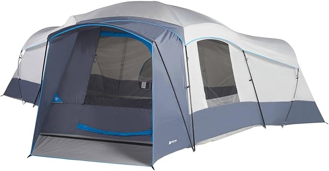 Spacious Family Sized 16-Person Weather Resistant Ozark Trail 23.5' x 18.5' Cabin Camping Tent Gray and Blue