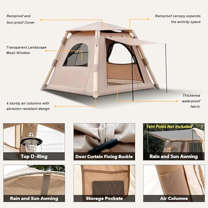 7.2' x 7.2' Inflatable Tents for Camping Easy Setup Inflatable Tent House4 Season Blow Up Camping Tent with Pump Waterproof Sunproof Outdoor Glamping House