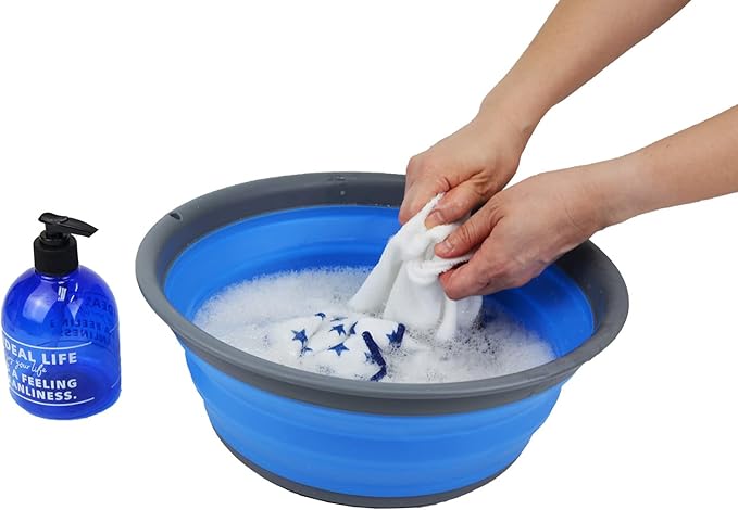 SAMMART 7.5L (1.98 Gallon) Collapsible Tub - Foldable Dish Tub - Portable Washing Basin - Space Saving Plastic Washtub (Grey/Blue (Set of 2))