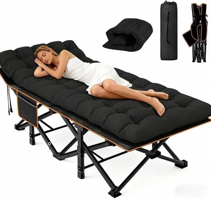 Comfortable and Soft Folding Bed Portable Camping cot with Side Pockets and Mattress Extra-Thick Oversized Folding Bed Weight Capacity of 500/600/700 lbs (Black 700lbs)