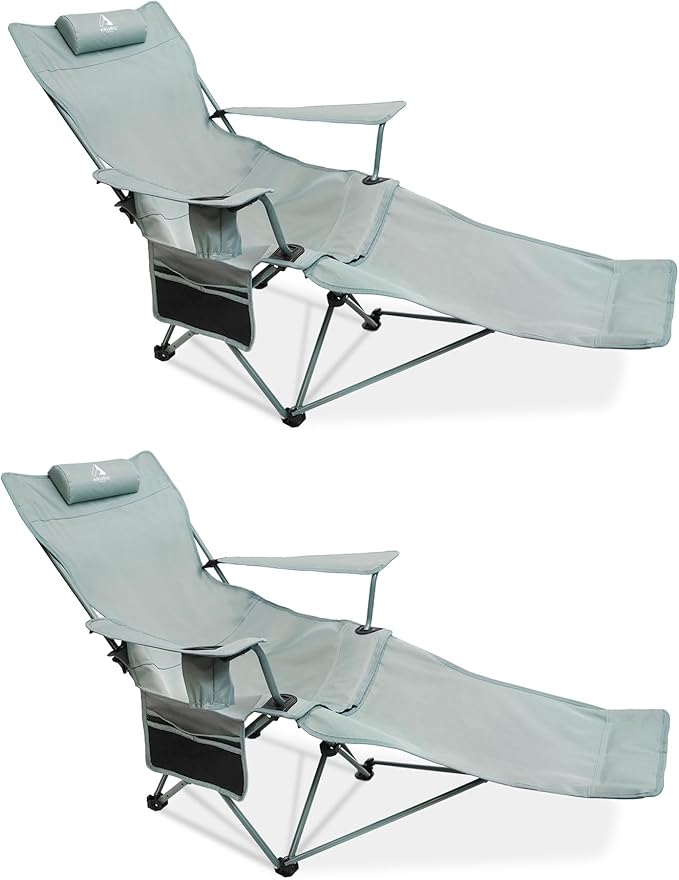 2-in-1 Reclining Camping Chair Portable Folding Beach Lounge Chair with Footrest &amp Adjustable Backrest Comfortable Lawn Chair for Adults Heavy Duty with Cup Holder for Outdoor Poolside Sports
