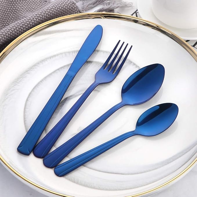 Buyer Star 20-Piece Blue Silverware Flatware Set Stainless Steel Travel Eating Utensil for Picnic Camping Service for 5 Dishwasher Safe