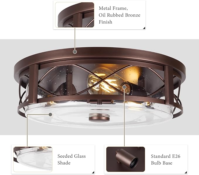 16 Inch Large Flush Mount Ceiling Light with Seeded Glass 3-Light Bronze Round Ceiling Lamp Modern Farmhouse Indoor Outdoor Ceiling Lighting for Kitchen Bedroom Living Dining Room