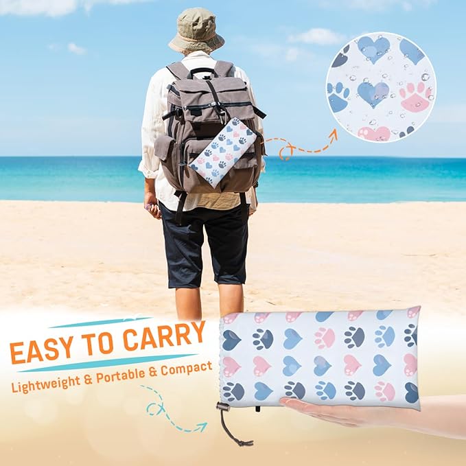 Waterproof Sandproof Beach Blanket 59''×68'' Heartwarming Footprints Polyester Outdoor Picnic Blanket with 4 Stakes &amp Storage Bag for BeachCampingVacation Blue