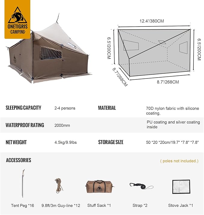 OneTigris COZSHACK Hot Tent Large Spacious 4 Person Tent with Stove Jack Windproof Waterproof Tent for Wood Stove Bushcraft Camping Travel Truck Family