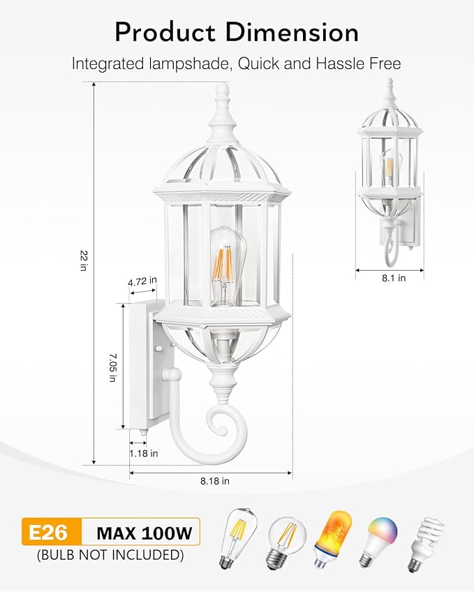 VIANIS Dusk to Dawn Porch Lights Outdoor Classic White Outdoor Wall Lights Anti-Rust Outside Lights for House with Tempered Beveled Glass Waterproof Exterior Lighting Fixtures for House Entryway