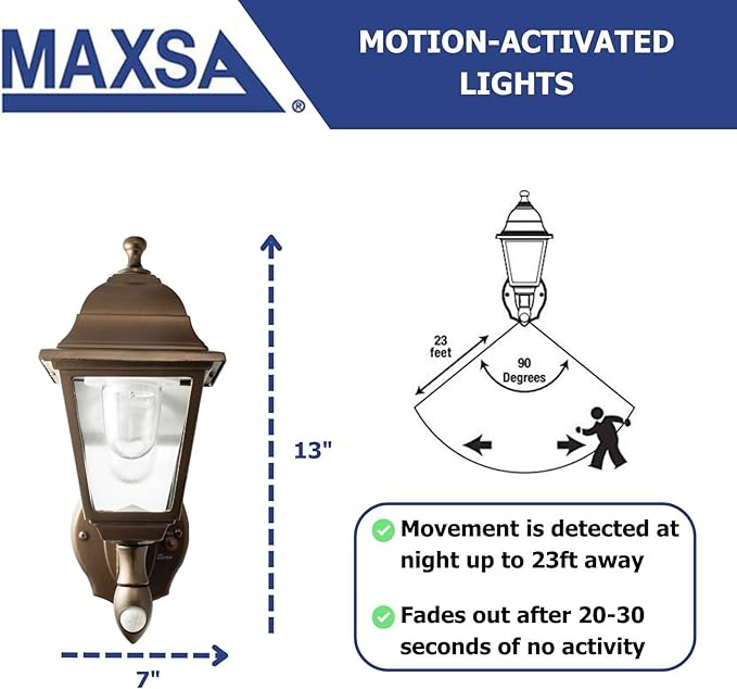 Maxsa 46219 Premium Battery-Powered Motion-Activated Decorative Outdoor Cool White LED Wall Sconce Lighting Fixture Metal Housing Dark Copper