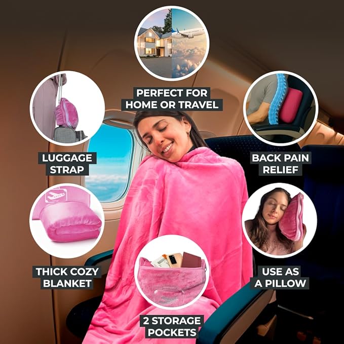 FlyHugz Pink Travel Blanket &amp Pillow Set (59.1x47.2) with Carry Case Luggage Sleeve &amp Clip – Portable Lightweight Breathable &amp Washable – Perfect for Plane Car Camping &amp Travel