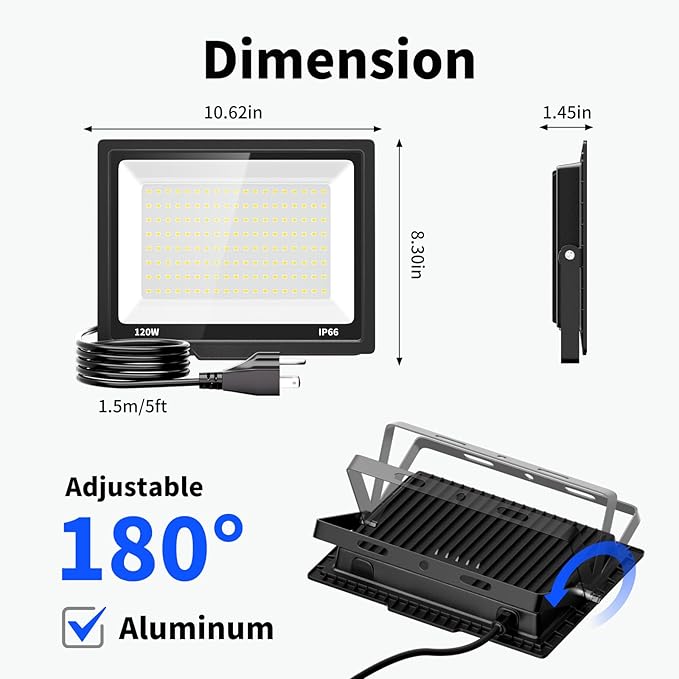 120W Flood Lights Outdoor 14400LM Brighter LED Security Light with Plug IP66 Waterproof 5000K Daylight Floodlight for Yard Garage Stadium 2 Pack