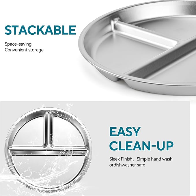 6 Pack Stainless Steel Divided Plate 9 Non Slip Portion Control Plates for Adults Kids Balance Lunch Unbreakable Toddler Set Indoor Outdoor for Party Home Silver