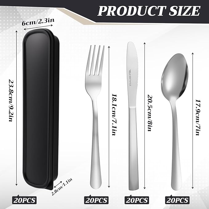 Lothee 20 Pack Travel Utensils with Case Stainless Steel Portable Camping Cutlery Set Bulk Forks Knives Spoons Silverware Set for Work Picnic Travel and Lunchboxes Dishwasher Safe Black