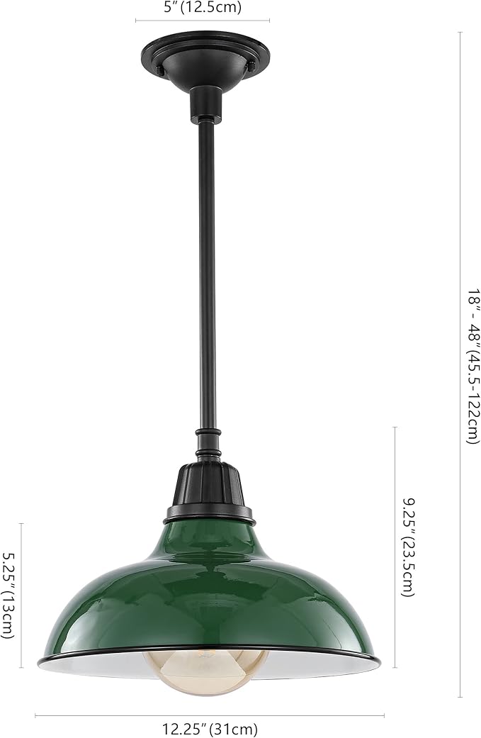JONATHAN Y 12.25 Green/Black 1-Light Farmhouse Indoor/Outdoor LED Pendant Iron Hanging Light and Black Metal Shade Rustic Ceiling Lamp for Kitchen Island LED Bulb Included (JYL7611F)