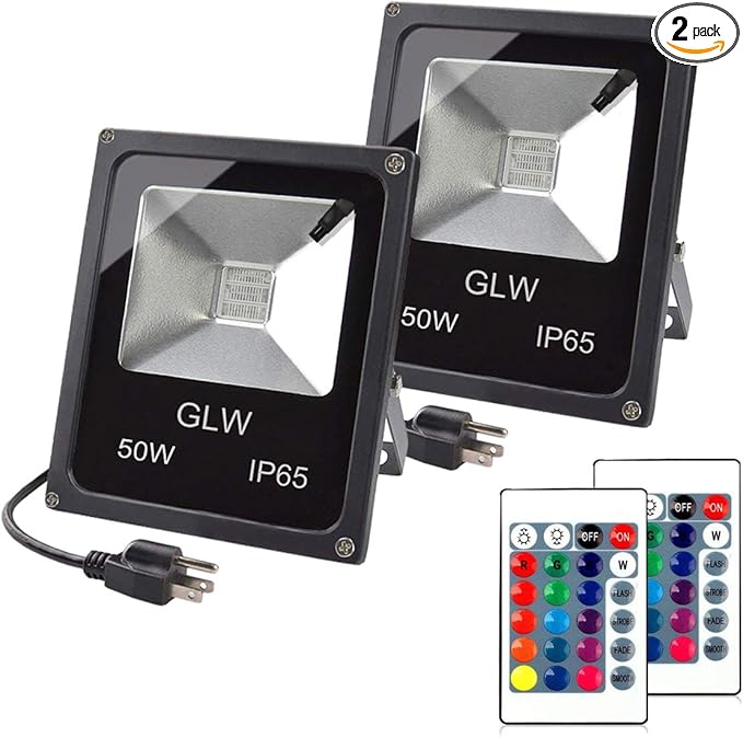 LED RGB Flood Light 50W Outdoor Color Changing Lights with Remote Control IP65 Waterproof Dimmable Wall Washer Light Flood Lamp 16 Colors 4 Modes with US 3-Plug(2 Pack)