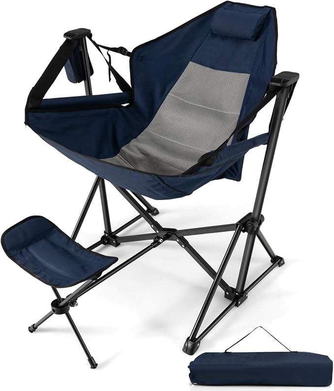 HAPPYGRILL Hammock Camping Chair Outdoor Folding Swinging Chair with Retractable Footrest Cozy Head Pillow Carrying Bag Included Portable Lightweight Rocking Chair for Camping Fishing Picnic