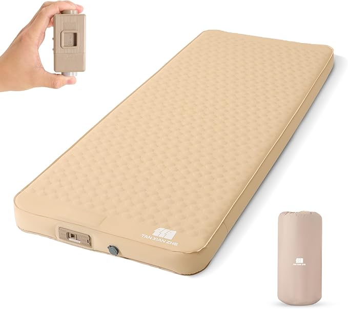 Self Inflating Sleeping Pad with Electric Pump 4 Ultra-Thick Memory Foam Single Sleeping Mats Easy Inflate&amp Deflate 9.5 R-Value Insulated Camping Mattress Pad for Camping Travel (Khaki)