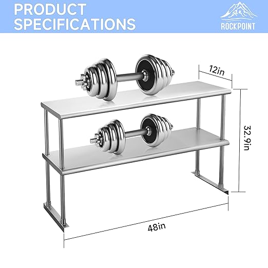 ROCKPOINT Stainless Steel overshelf for Prep Work Table 12 D x 48 WCommercial Double Overshelf in Kitchen HomeRestaurantGarage with countertop Capacity 380lb