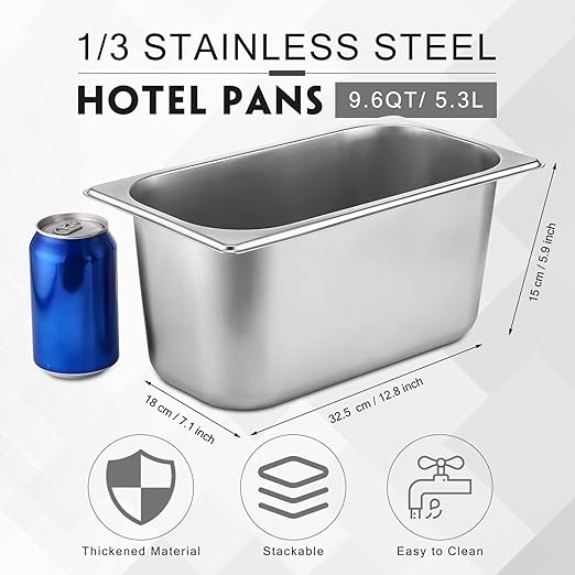 10 Pack Hotel Pans Stainless Steel Steam Table Pan 1/3 Size 0.8 mm Thick Anti Jam Warming Pans for Food Warmer Restaurant Catering Supplies 12.8 x 6.9 Inch(6 Inch DeepStandard)