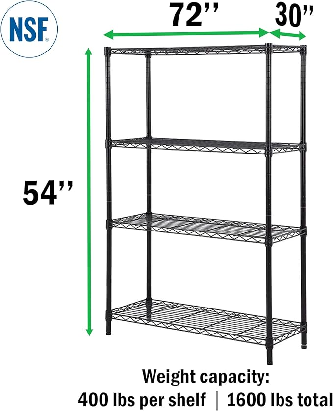 4 Tier Black Epoxy Wire Shelving Kit | NSF Commercial Storage Rack Unit (30 Deep x 72 Wide x 54 High)