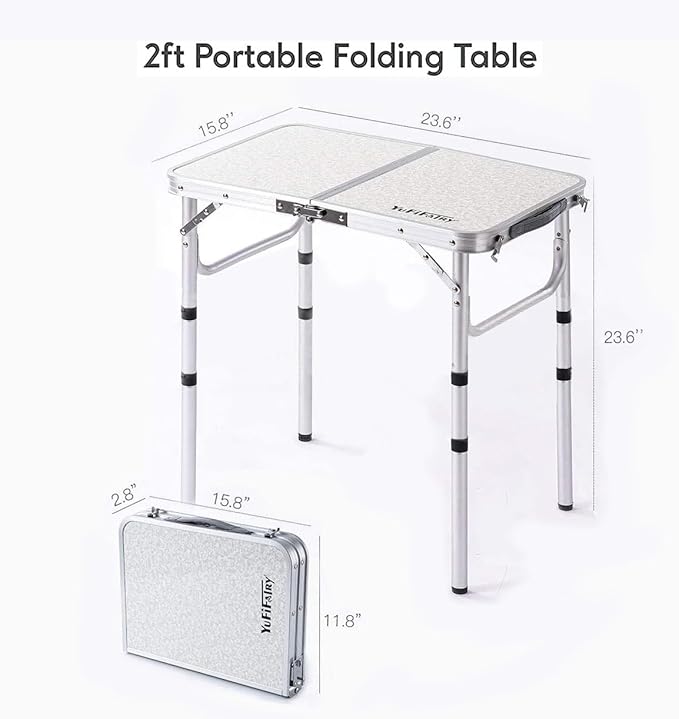 Small Folding Table 2 Foot Portable Camping Table with Mesh HoldersLightweight Aluminum Adjustable Height with Carry Handle for Camping Picnic Indoor Outdoor White 24 x 16 inch (3 Heights）