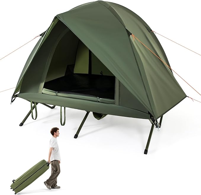 Tangkula 2 Person Tent Cot Portable Off Ground Elevated Camping Tent with Cot Removable Rainfly Wheeled Bag Stakes &amp Wind Ropes for Picnic Hiking Travel Beach