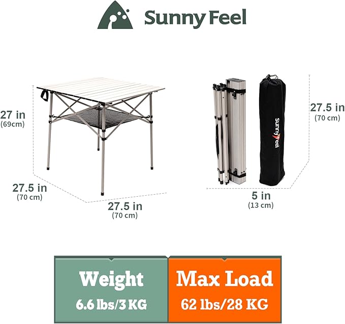 SUNNYFEEL Aluminum Folding Table for Camping Lightweight Roll Up Top Portable Camp Tables with Carry Bag for Outdoor Picnic (Square Gray)