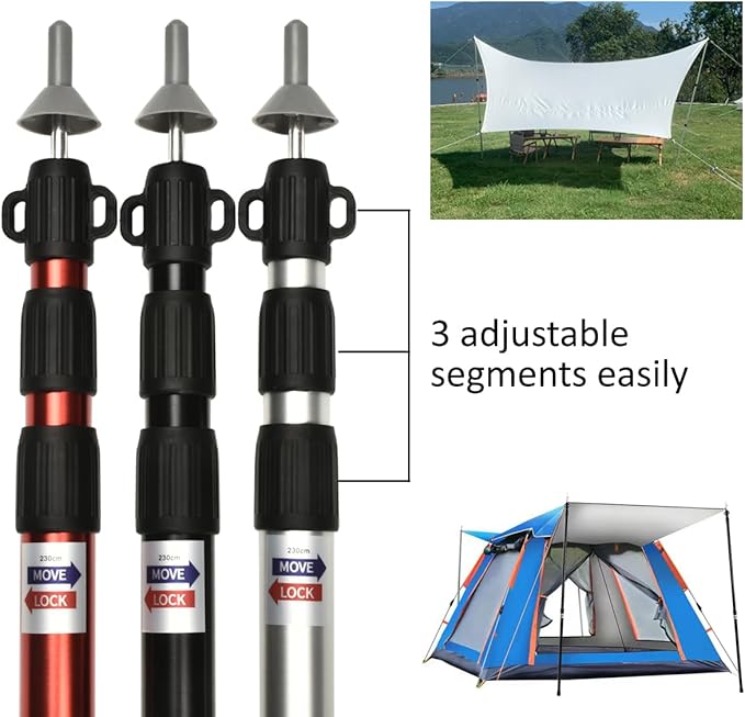 Tiandirenhe 2pcs Camping Tent Poles 95-234cm Telescoping Pole Adjustable Thicken Aluminum Alloy Tarp Poles Support Rods Beach Shelter Tarp Awning Pole for Hiking Camping Silver
