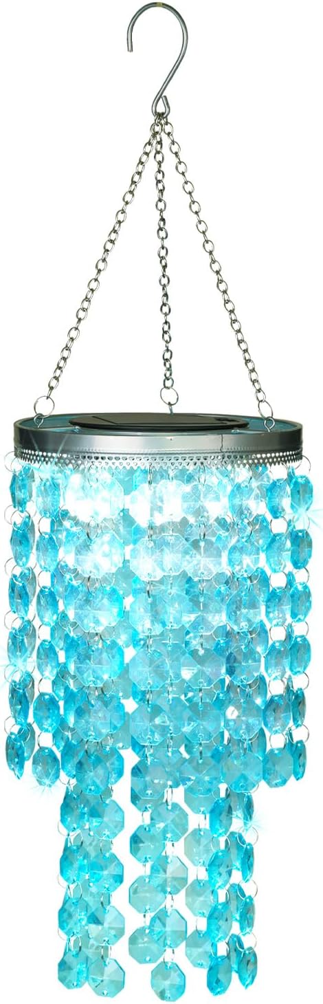 Hanging Solar Crystal Chandelier Outdoor 21” Modern Solar Blue Acrylic Beaded Lantern with Cool White LED S Hooks for Garden Yard Patio Gazebo Outside Decor