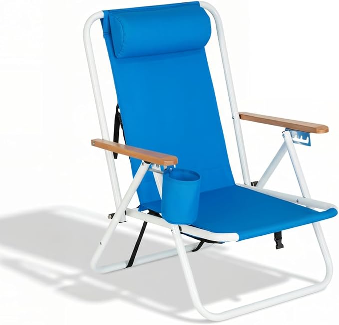 1PC Portable High Strength Beach Chair with Adjustable Headrest &amp Cup Holder Iron &amp 600D Polyester 330lbs Capacity Blue Foldable Chair for Beach Camping Hunting Fishing (Blue 1PC)