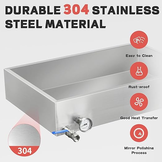 Maple Syrup Evaporator Pan 15.5Gal 304 Stainless Steel Maple Syrup Evaporator with Valve and Thermometer 30 x 20 x 6 Inch Feed Pan for Boiling Maple Syrup for Home and Outdoor Use