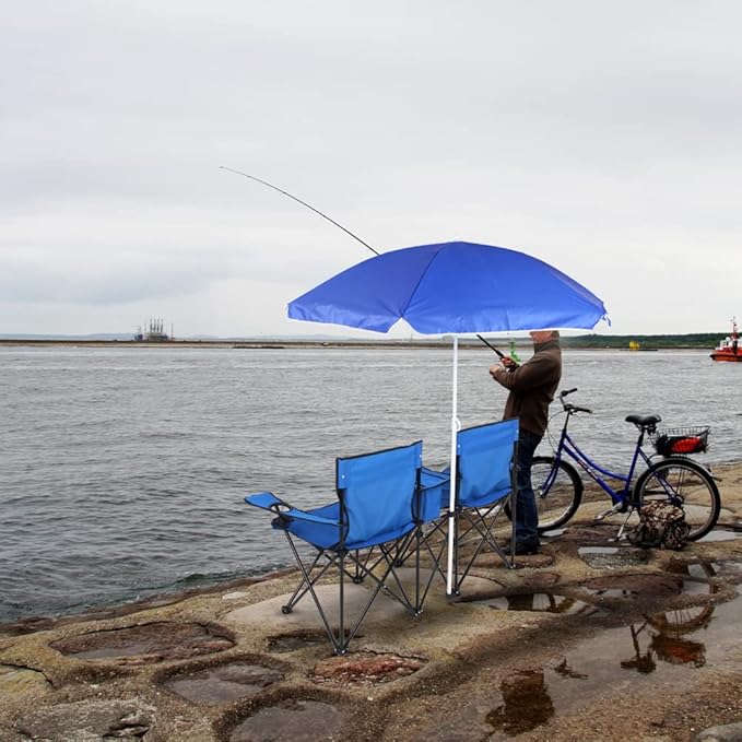 Portable 2 Seat Folding Camp ChairDouble Camping Chairs with Umbrella with Cooler Bag Beverage Holder Carrying Bag Foldable Lawn Chair for Outside Picnic Beach (Blue)