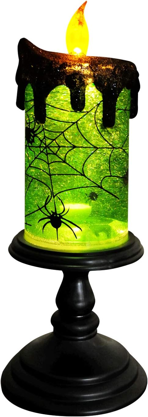 Eldnacele Halloween Snow Globe Candles Lighted Lamp Battery Operated Spooky Spinning Water Glittering Tornado Candle Flameless Candles Table Centerpiece for Halloween Decoration Indoor(Spider)