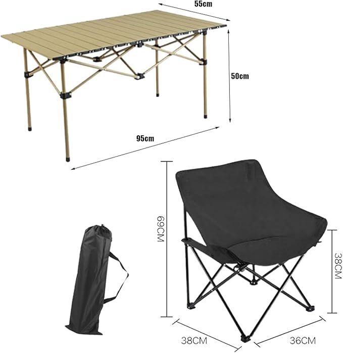 Portable Folding Camping Table and Chairs Set Lightweight Carbon Steel Roll Up Top Picnic Table Portable Outdoor Dining Set for BBQ Garden Hiking and Fishing