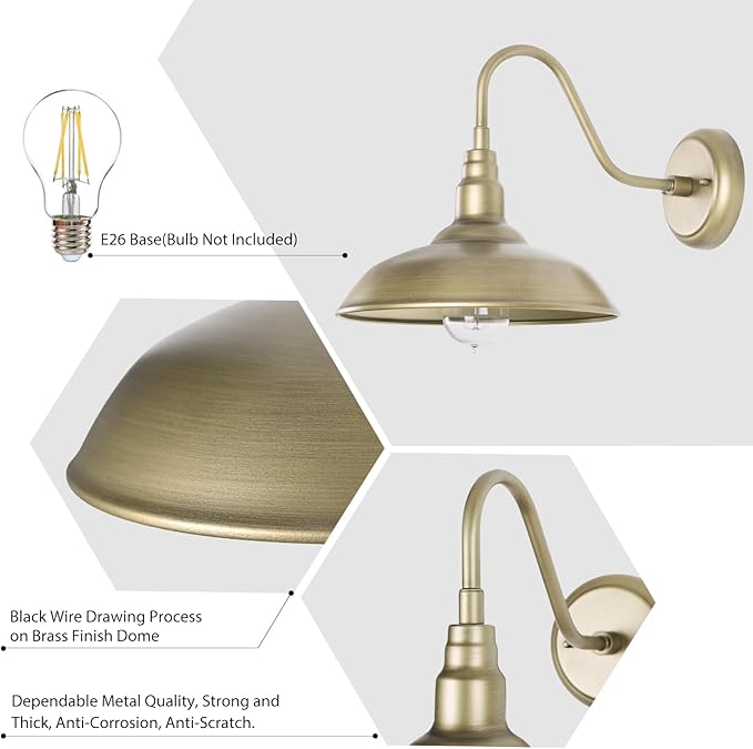 Brass Outdoor Gooseneck Light 10'' Diameter Gooseneck Barn Wall Sconce for Porch Exterior Waterproof Farmhouse Light Fixture with Wall Mount 2 Pack LM2201-GL-2P