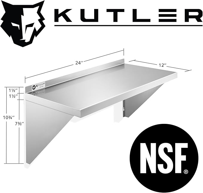 KUTLER Stainless Steel Shelf - 12 x 24 NSF Commercial Wall Mount Shelves with Backsplash Floating Metal Shelving for Restaurant Kitchen Home