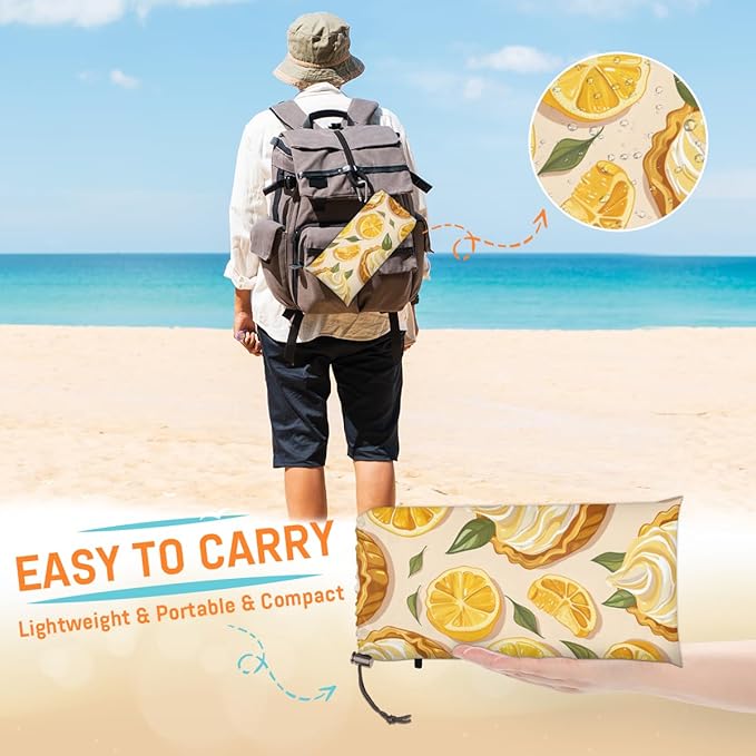 Waterproof Sandproof Beach Blanket 59''×68'' Lemon Cake Polyester Outdoor Picnic Blanket with 4 Stakes &amp Storage Bag for BeachCampingVacation Food
