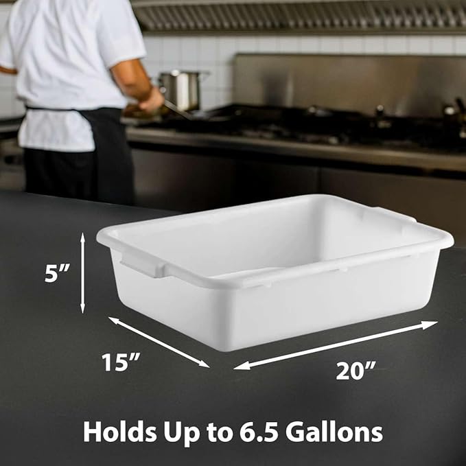 6-Pack 20 x 15 x 5 Commercial Bus Tub/Bus Box - 6.5 Gallons with Lid - Heavy-Duty Polypropylene Dish Box for Restaurants Kitchens and Foodservice - Stackable and Freezer-Safe - White