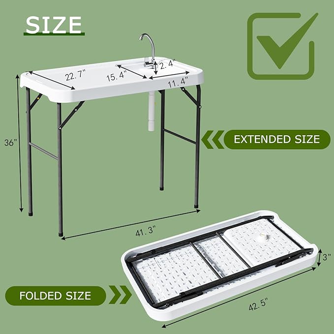 Folding Fish Cleaning Table with Sink Portable Camping Sink Table with Measure Mark Drainage Hose and Knife Groove Outdoor Fish Fillet Cleaning Station for Picnic Fishing White