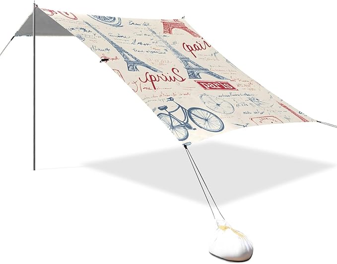 Bolaz Beach Canopy Tent Sun Shade9'×10.5' Large Family Beach Shade UPF50+- Outdoor Shade for Camping Trips FishingEiffel Tower Pattern
