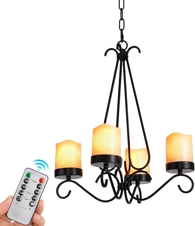 HOXIYA Battery Operated Outdoor Lights 4 Light Battery Powered Pendant Light Waterproof Wireless Hanging Chandelier Led Candle Light with Remote for Porch Patio Pergola Gazebo Canopy Tent Decor