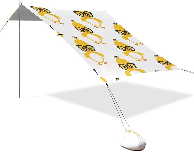 ALAZA Cute Yellow Duck W/Glasses Beach Tent Sun Shelter UPF50+ Protection Beach Shade Canopy w/ 4 Sandbags for Outdoor Camping Fishing Backyard Fun Picnic 10x9 ft