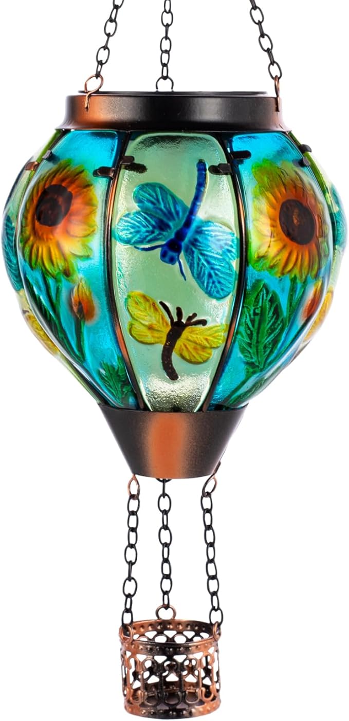 Hanging Hot Air Balloon Solar Lantern Dragonfly Solar Power Hot Air Balloon Lantern Outdoor Waterproof Glass Hanging Light for Outdoor Patio Garden Decor