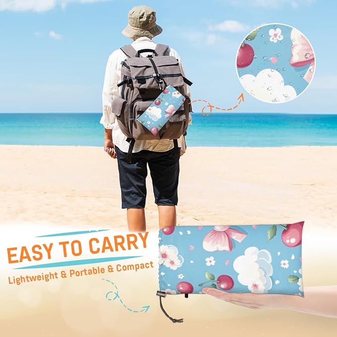 Waterproof Sandproof Beach Blanket 59''×68'' Cherry Decorations Polyester Outdoor Picnic Blanket with 4 Stakes &amp Storage Bag for BeachCampingVacation Blue