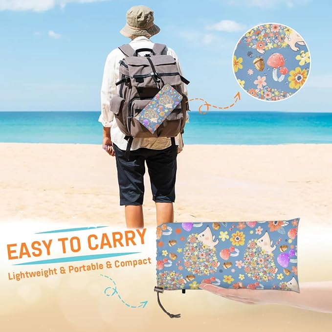 Hedgehog Mushroom Lightweight Beach Blanket Waterproof Sandproof 59X68 Sand Free Beach Mat with 4 Stakes Compact Outdoor Blanket for Beach Quick Drying Picnic Mat for Travel Camping