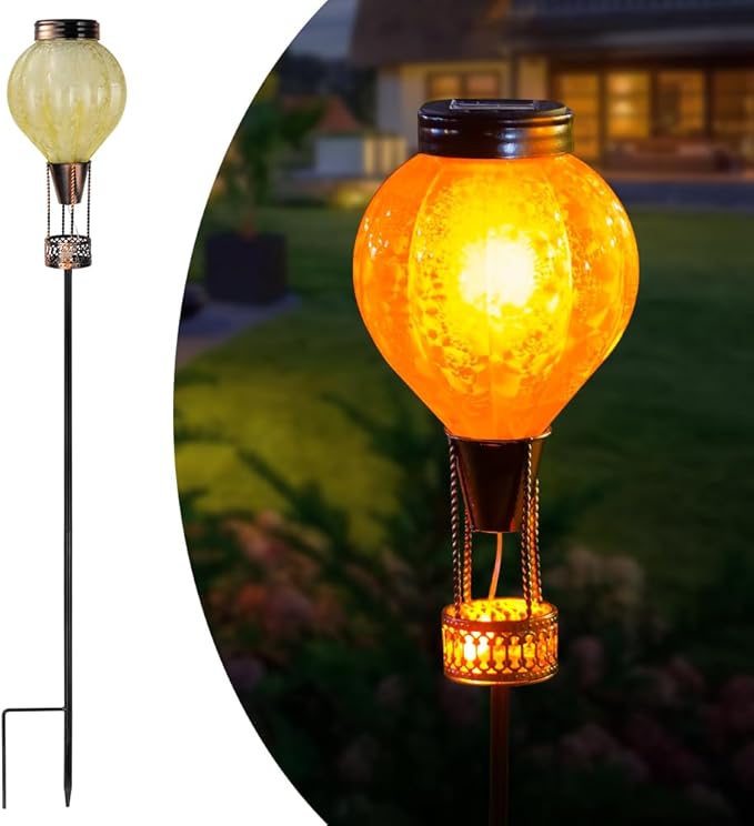Outdoor Solar Lights Waterproof with Hot Air Balloon Flickering Flame Solar Garden Light Glass Landscape Lamp Stake Lights Outside Decor for Pathway Walkway Yard Patio