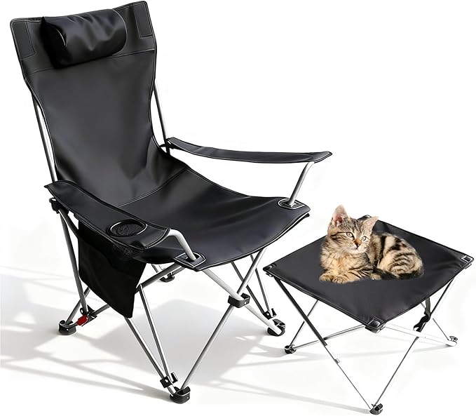 Portable Camping Chair with Footrest Folding Lounge Chair Reclining Chair for Outside with Cup Holder Side Pocket and Pillow Heavy Duty Collapsible Chair for SportsOutdoors &amp Lawns