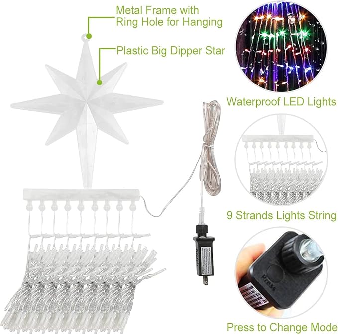PUHONG Christmas Lights Outdoor Christmas Decoration String Lights16.4Ft 320 LED Tree Lights [8 Modes &amp Waterproof] with 11 Lighted Star for Halloween Xmas New Year Holiday Birthday (White)