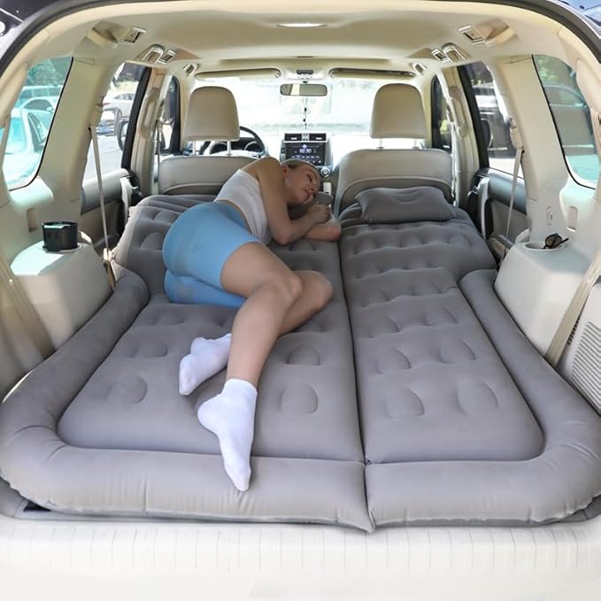 SUV Air Mattress Car Bed Inflatable Mattress for Truck Backseat - Portable Air Mattress with Flocking Surface and Pillows Foldable Air Bed for Home Tent Camping Travel - Light Grey