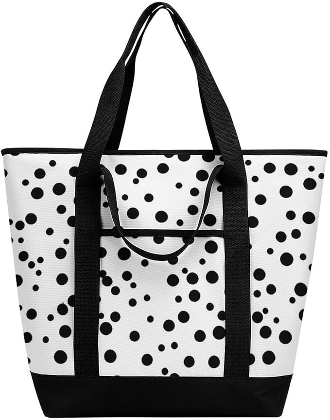Insulated Shopping BagLarge Reusable Cooler Bags Black And White Polka Dot Printed Foldable Shopping BagTravel Waterproof Shoulder Bag
