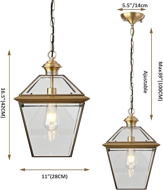 Milaii Copper Brass Outdoor Pendant Light 16.5 H Large Lantern Hanging Light Fixtures Waterproof Porch Light Outdoor Chandelier for Patio Entryway