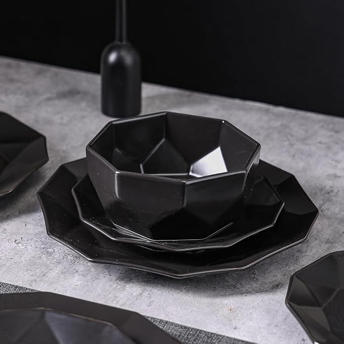 Stone + Lain Jamie Porcelain 16-Piece Geometric Dinnerware Set Black
